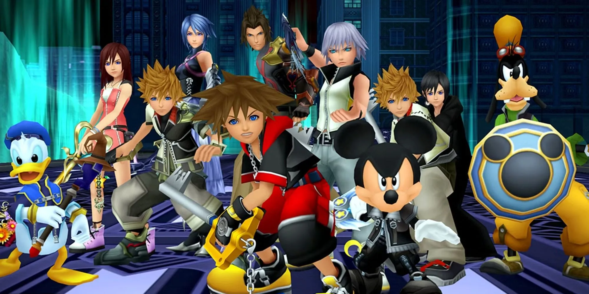 Dàn nhân vật chính của Kingdom Hearts gồm Sora, Riku, Kairi và các nhân vật Disney, Final Fantasy