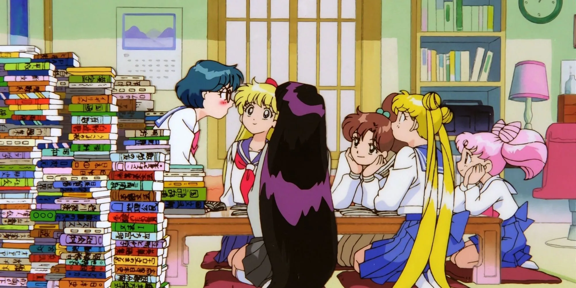 Dàn nhân vật chính của Sailor Moon ngồi cùng nhau