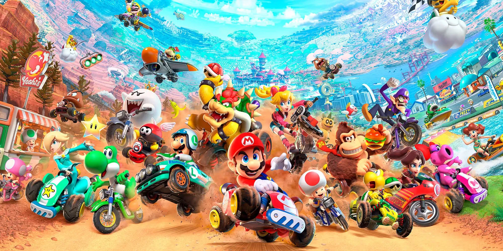 Dàn nhân vật đông đảo và đầy màu sắc trong tựa game Mario Kart World