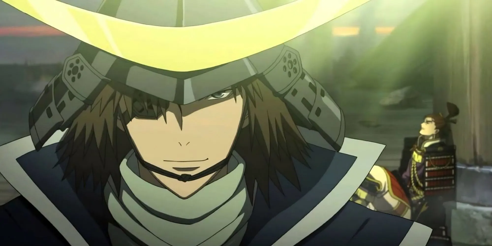 Date Masamune từ Sengoku Basara với mũ trụ trăng lưỡi liềm và chiếc bịt mắt Độc Nhãn Long