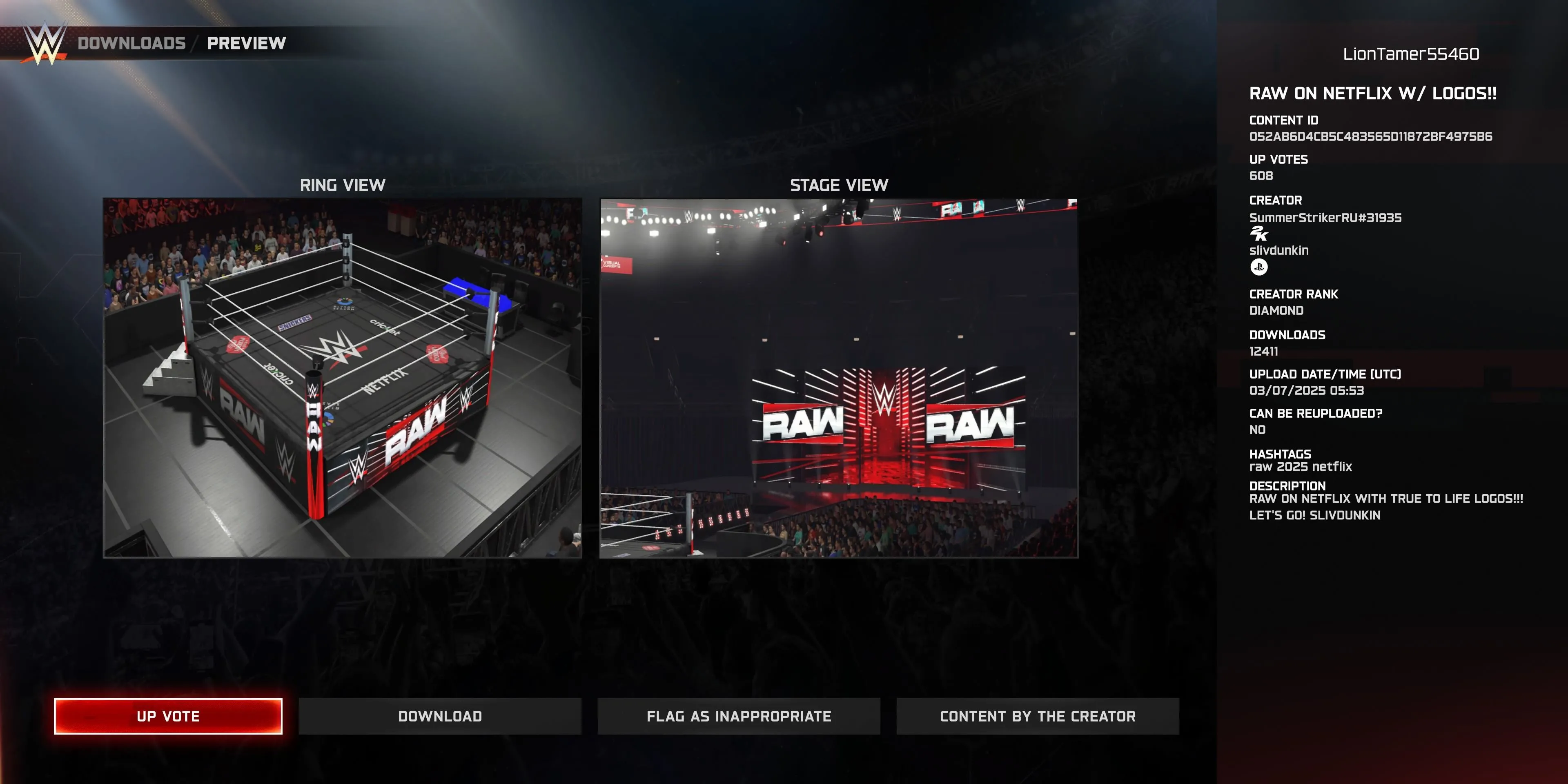 Đấu trường Raw on Netflix trong WWE 2K25 với thiết kế sàn đấu và logo nhà tài trợ