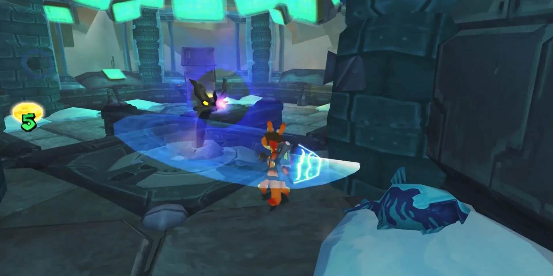 Daxter dùng vỉ đập ruồi tấn công Metal Bug trong game Daxter