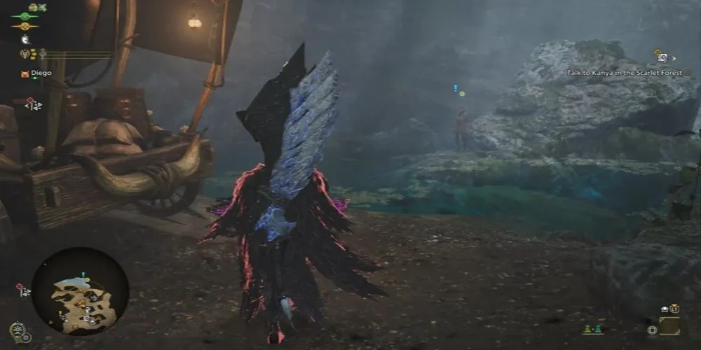 Điểm bắt đầu nhiệm vụ Mizutsune trong Monster Hunter Wilds tại khu rừng Scarlet.
