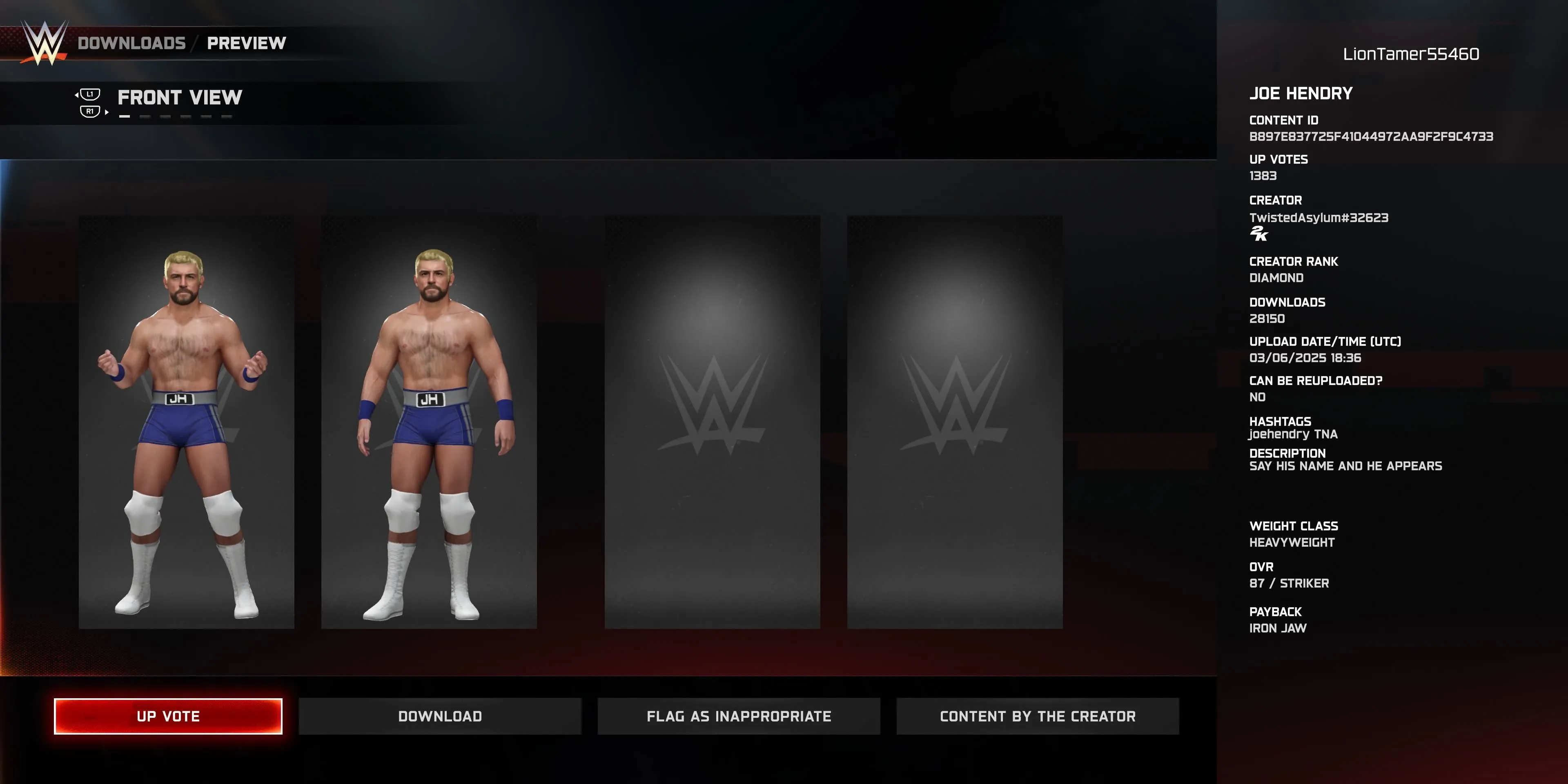 Đô vật tùy chỉnh Joe Hendry (CAW) trong WWE 2K25 với trang phục đặc trưng
