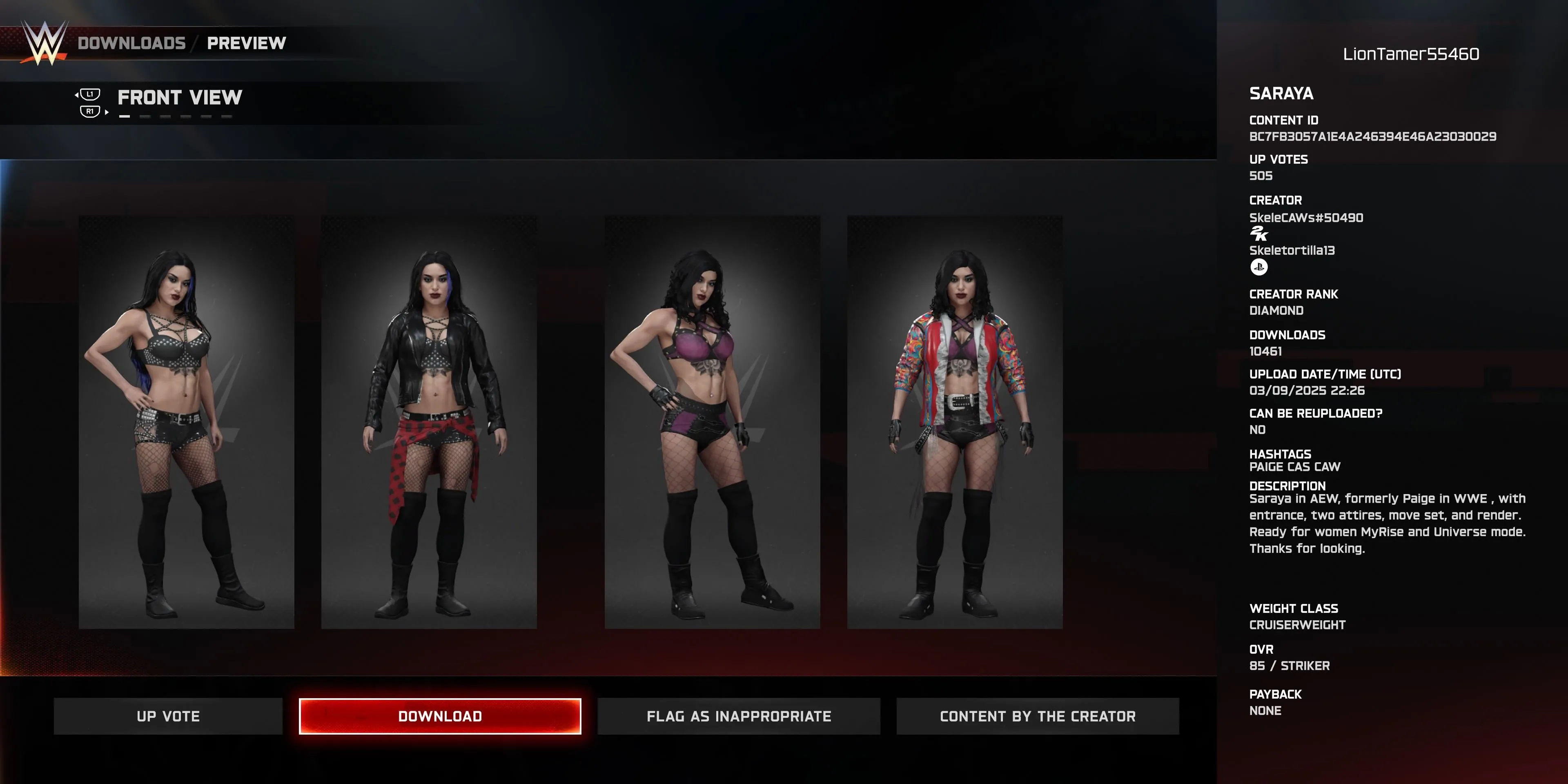 Đô vật tùy chỉnh Saraya (Paige) trong WWE 2K25 với trang phục quen thuộc