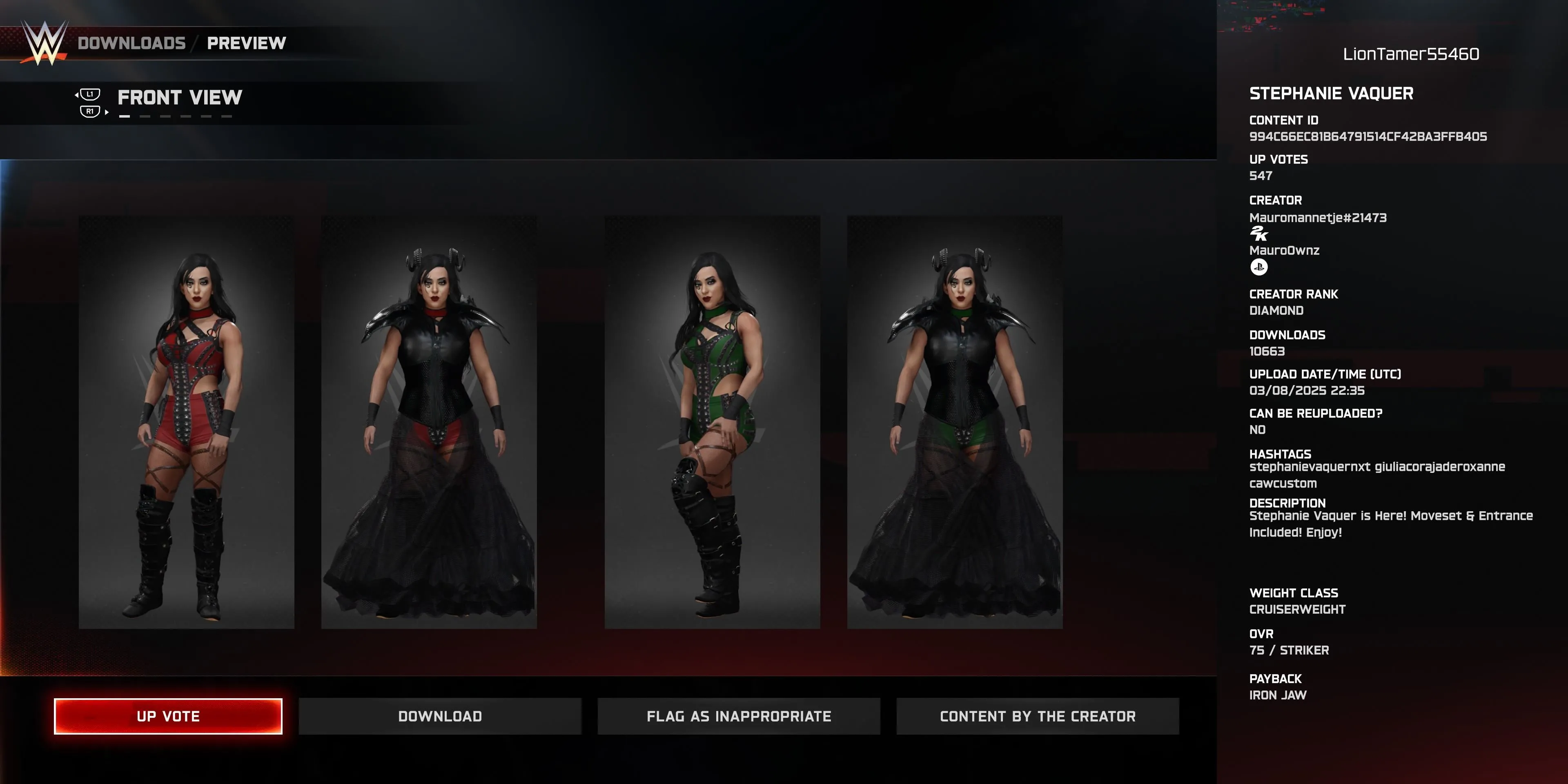 Đô vật tùy chỉnh Stephanie Vaquer (CAW) trong WWE 2K25 với trang phục đỏ và xanh lá