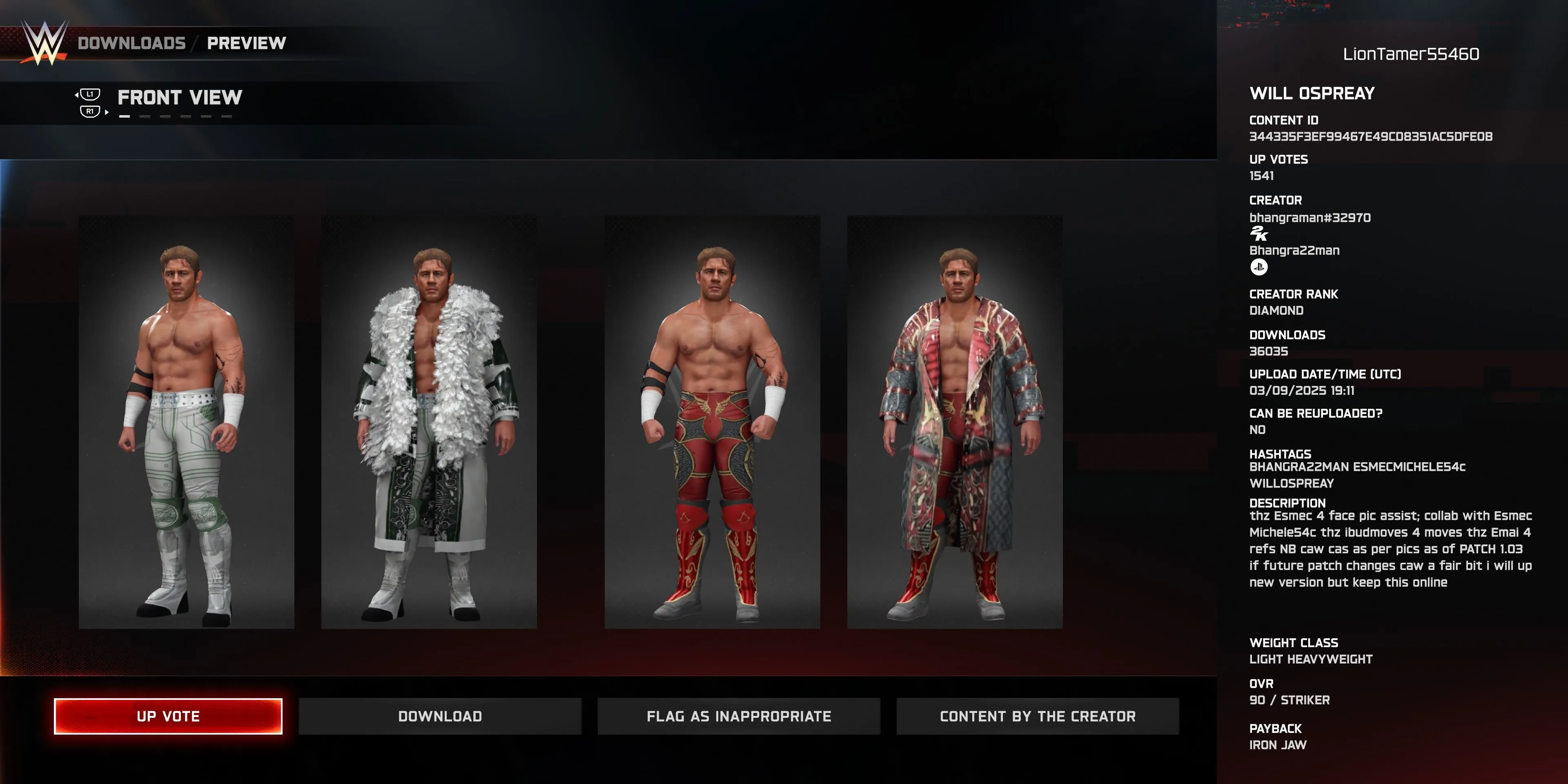 Đô vật tùy chỉnh Will Ospreay (CAW) trong WWE 2K25 với trang phục và áo khoác đặc trưng