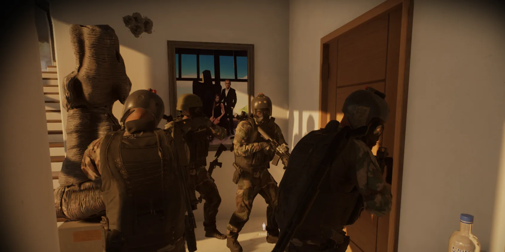Đội SWAT trong Ready Or Not thận trọng tiếp cận mục tiêu trong một căn phòng tối