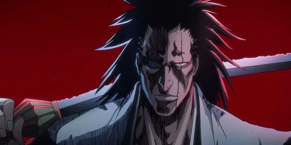 Đội trưởng Kenpachi Zaraki từ Bleach với vẻ mặt nghiêm túc và chiếc bịt mắt phong ấn sức mạnh