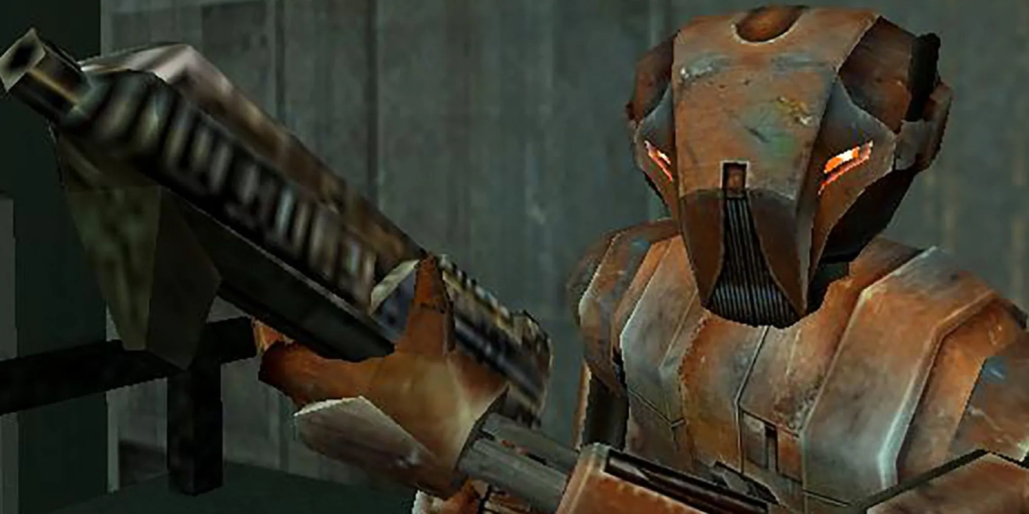 Droid sát thủ HK-47 từ Star Wars Knights of the Old Republic đang trong tư thế sẵn sàng chiến đấu.