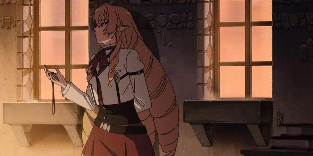 Elinalise tựa vào tường trong đoạn mở đầu anime Mushoku Tensei