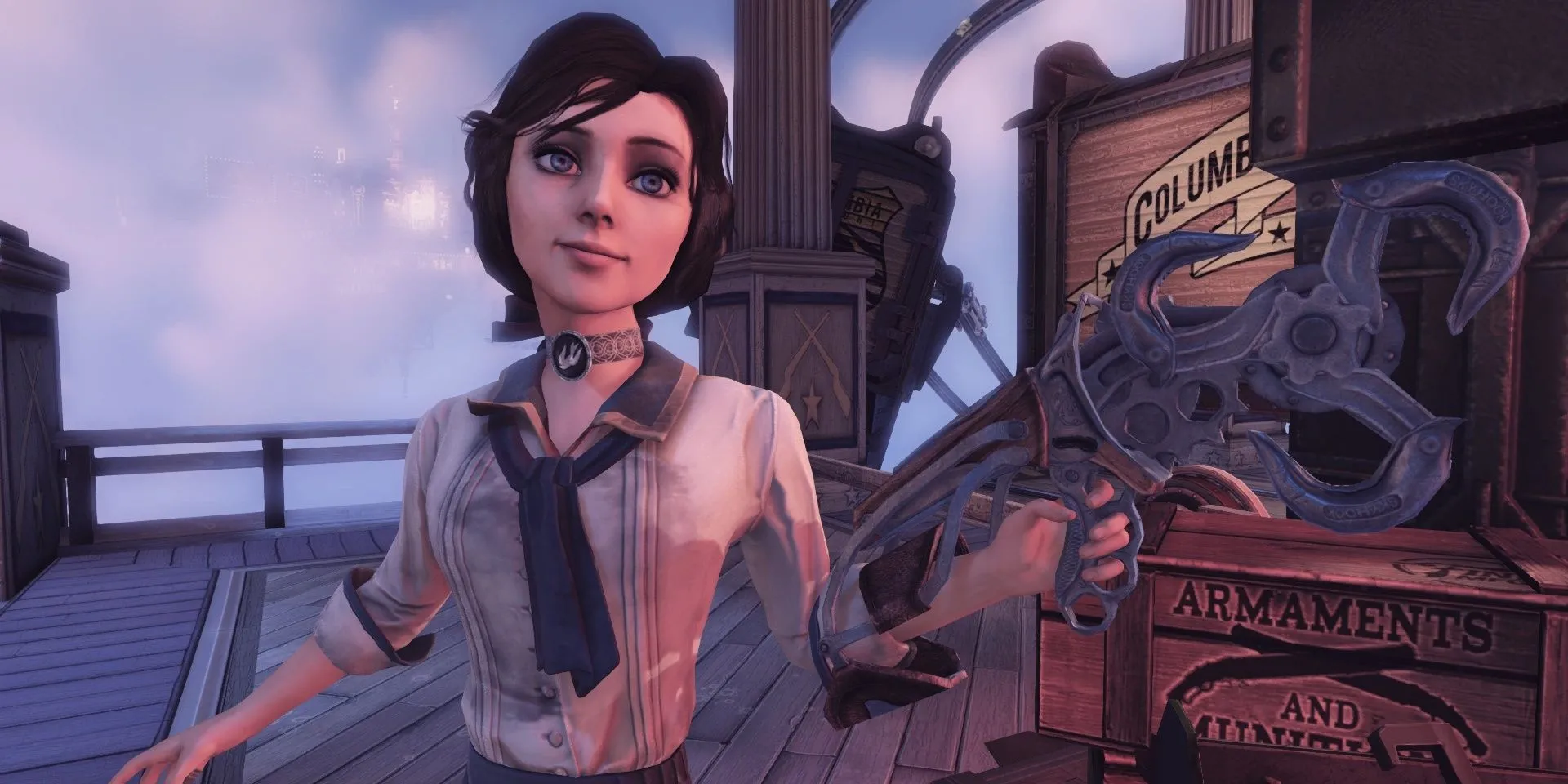 Elizabeth sử dụng SkyHook, một công cụ di chuyển và chiến đấu đặc trưng trong BioShock Infinite.