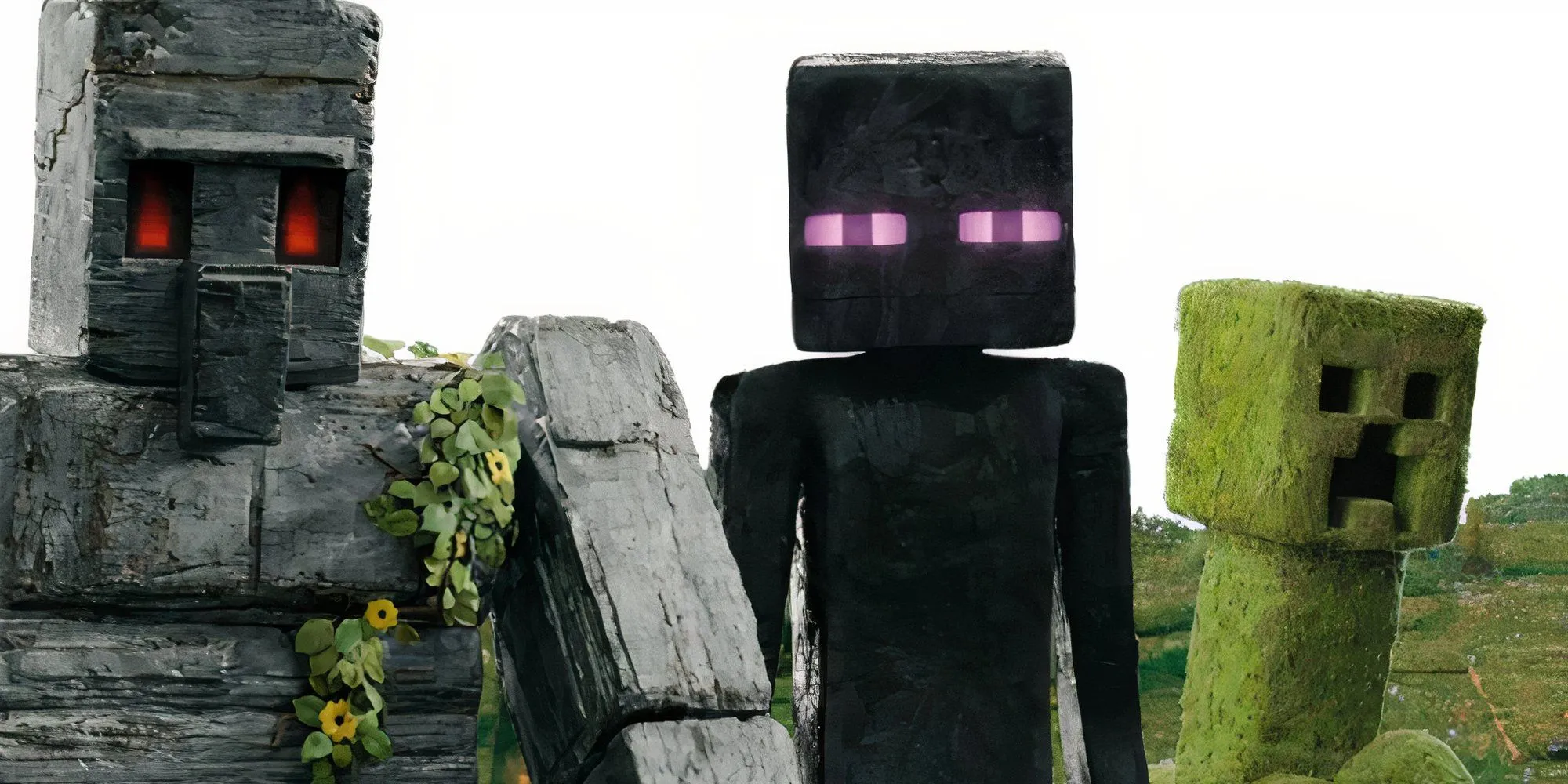 Enderman, Iron Golem và Creeper trong phim Minecraft, gợi nhắc cảnh Steve bị thôi miên