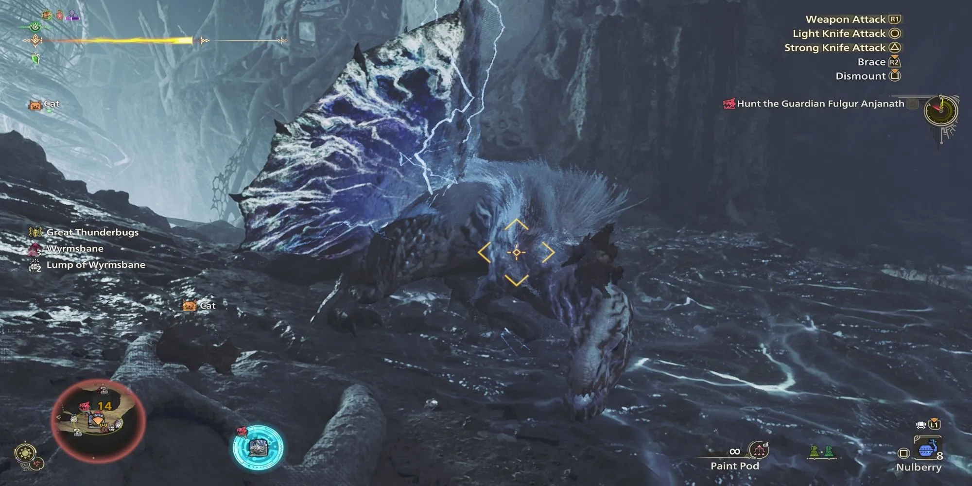 Fulgar Anjanath, biến thể điện của Anjanath trong Monster Hunter Wilds, với luồng điện bao quanh hàm.