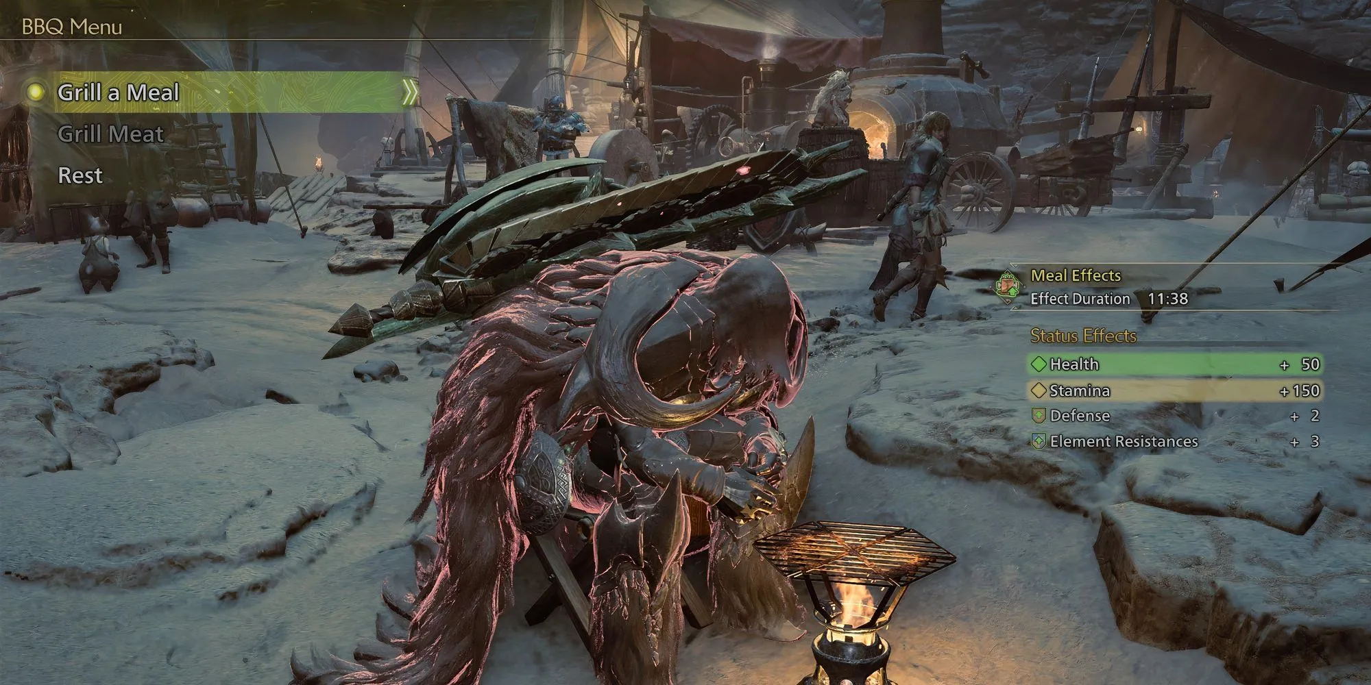 Game thủ Monster Hunter Wilds đang chuẩn bị thức ăn tăng cường sức mạnh trước khi đi săn.