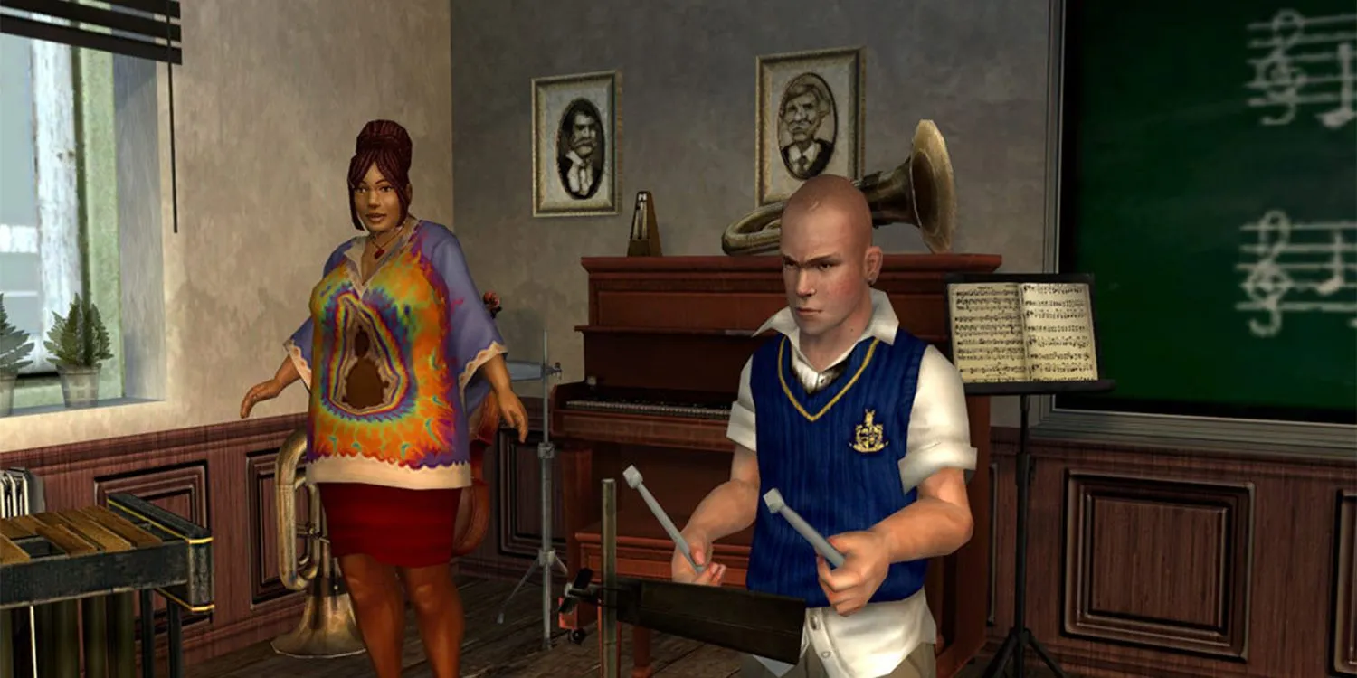 Gameplay lớp học nhạc trong game Bully với các nút bấm hiển thị trên màn hình.