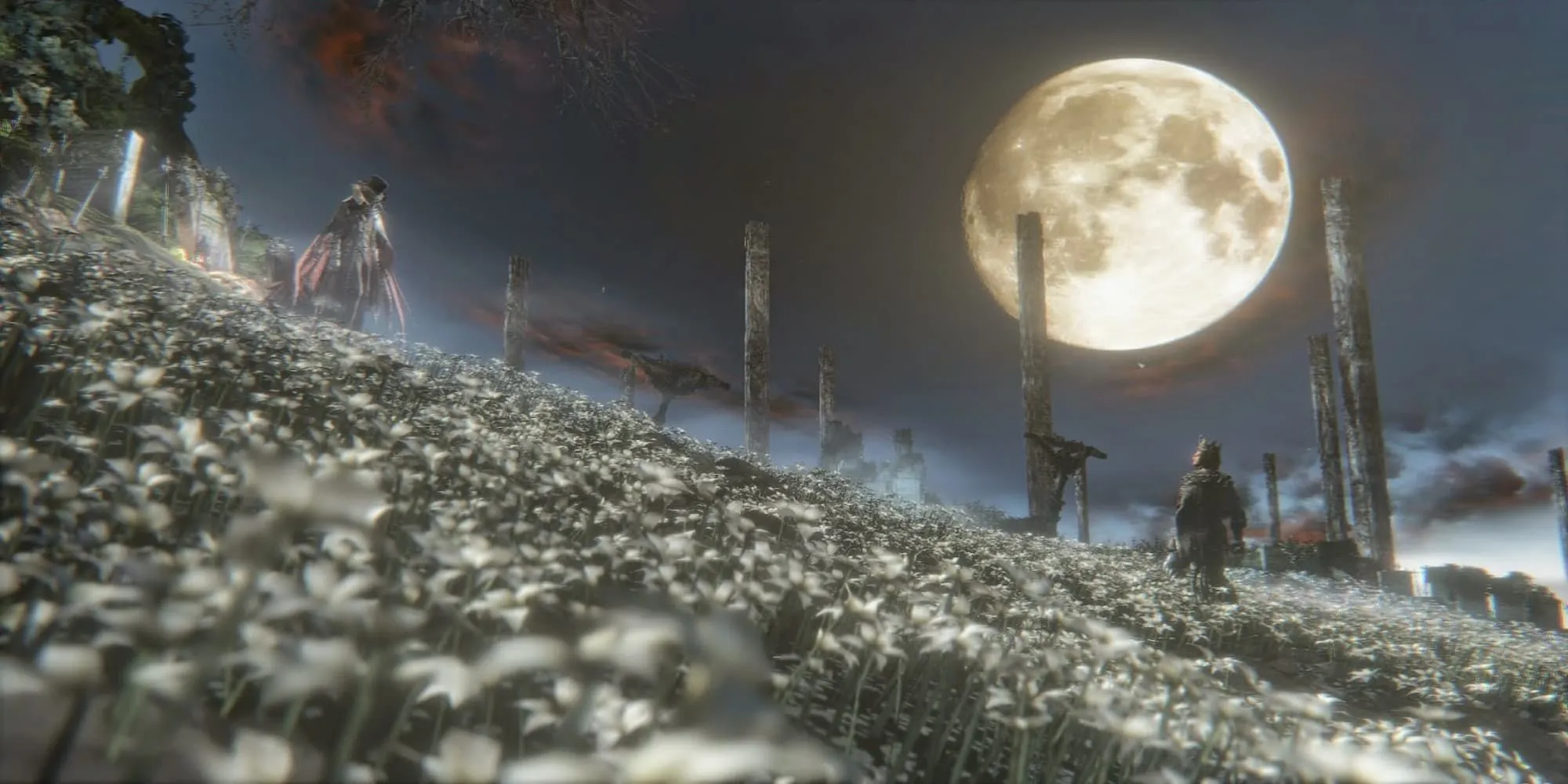Gehrman, The First Hunter trong Bloodborne giữa cánh đồng hoa trắng, một trận đấu trùm cuối đầy bi kịch và kỹ năng