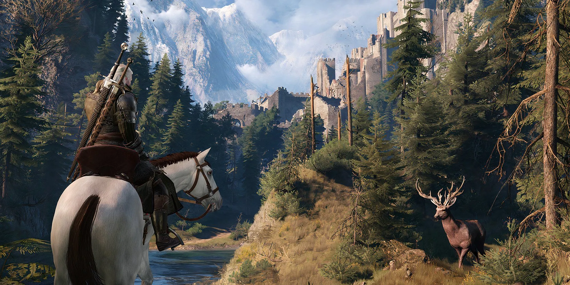 Geralt xứ Rivia trong The Witcher 3 cưỡi ngựa giữa phố đông người.