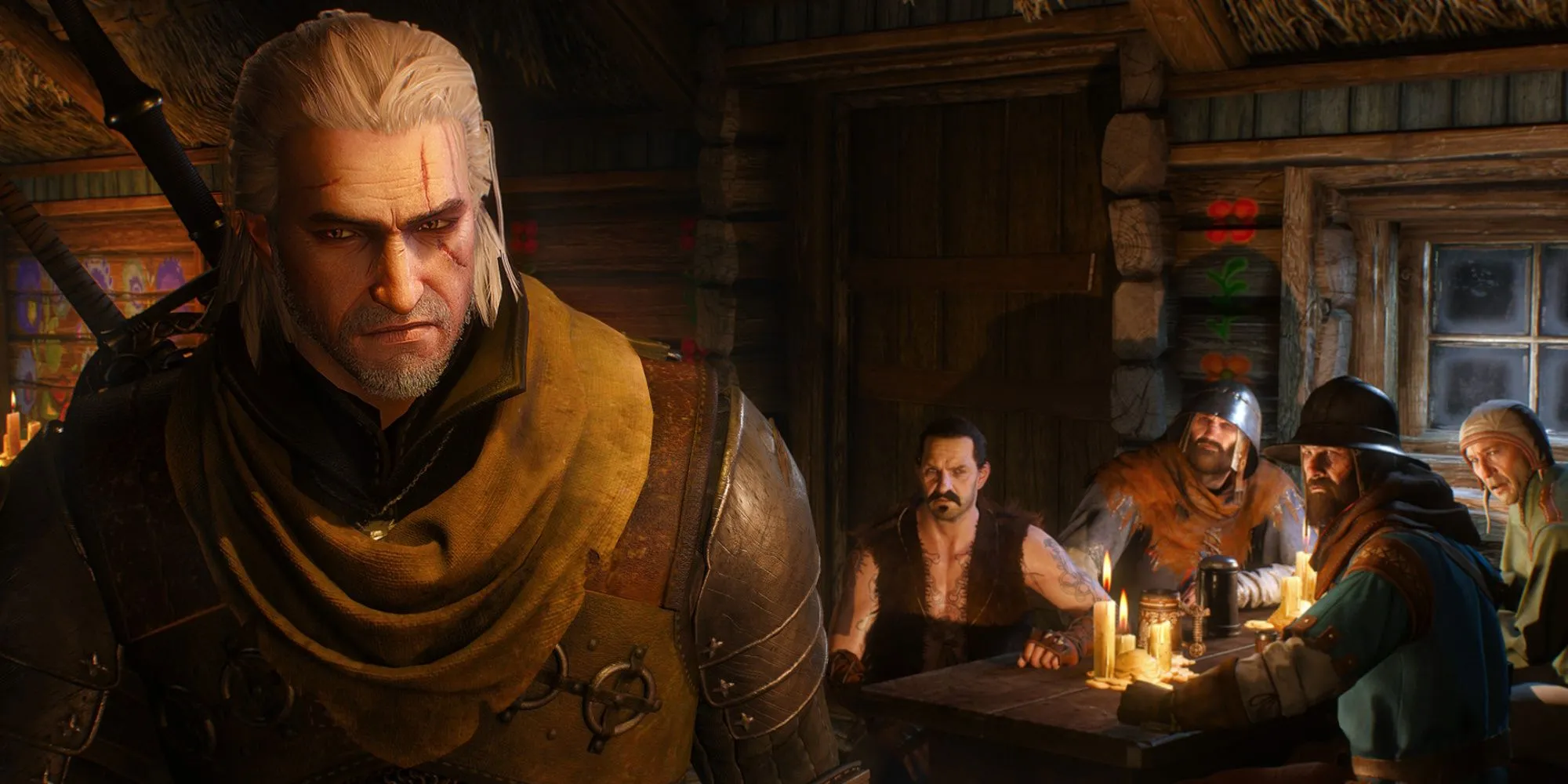 Geralt xứ Rivia trong The Witcher 3 đang chuẩn bị chiến đấu với vẻ mặt kiên định