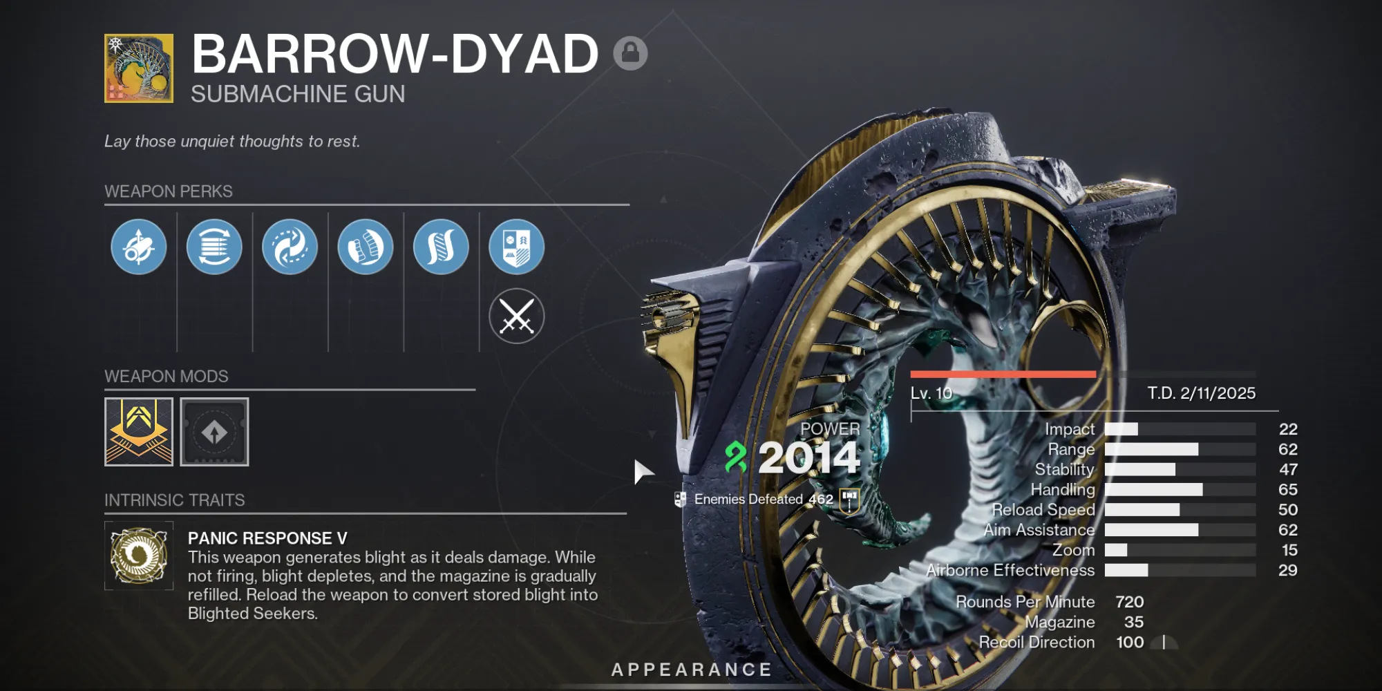 Giao diện các Catalyst của vũ khí Barrow-Dyad trong Destiny 2