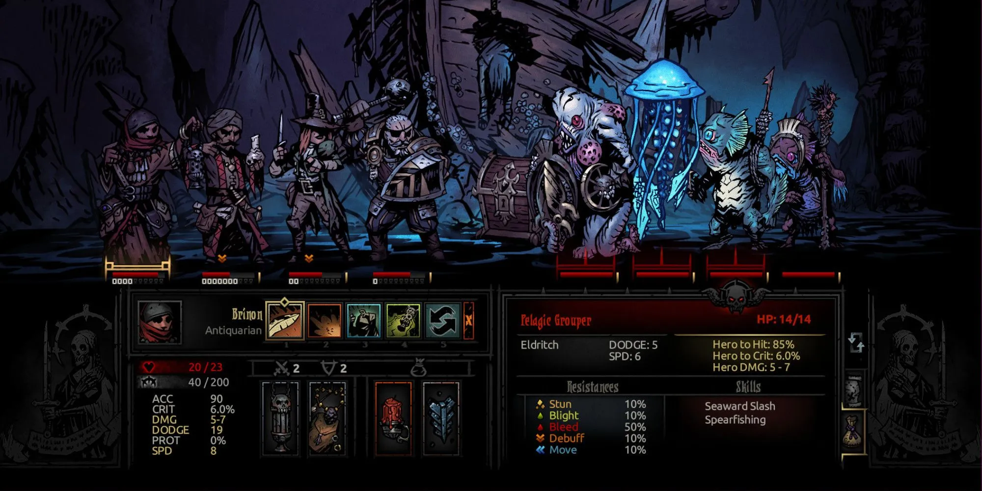 Giao diện chiến đấu theo lượt trong Darkest Dungeon với đội hình các nhà thám hiểm đối mặt với quái vật dị dạng