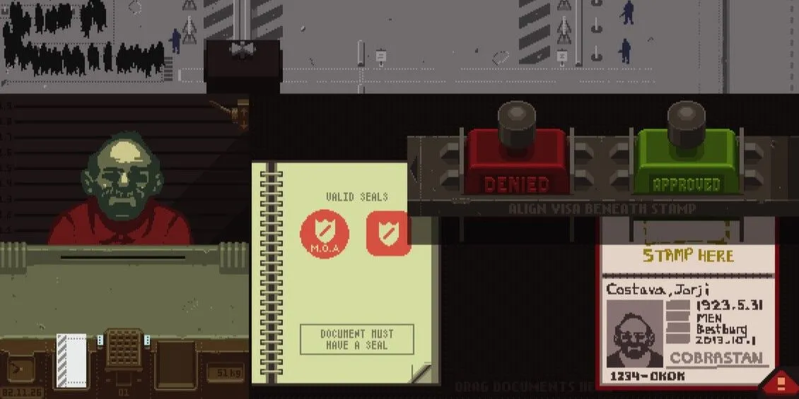 Giao diện kiểm tra giấy tờ quen thuộc trong game Papers, Please