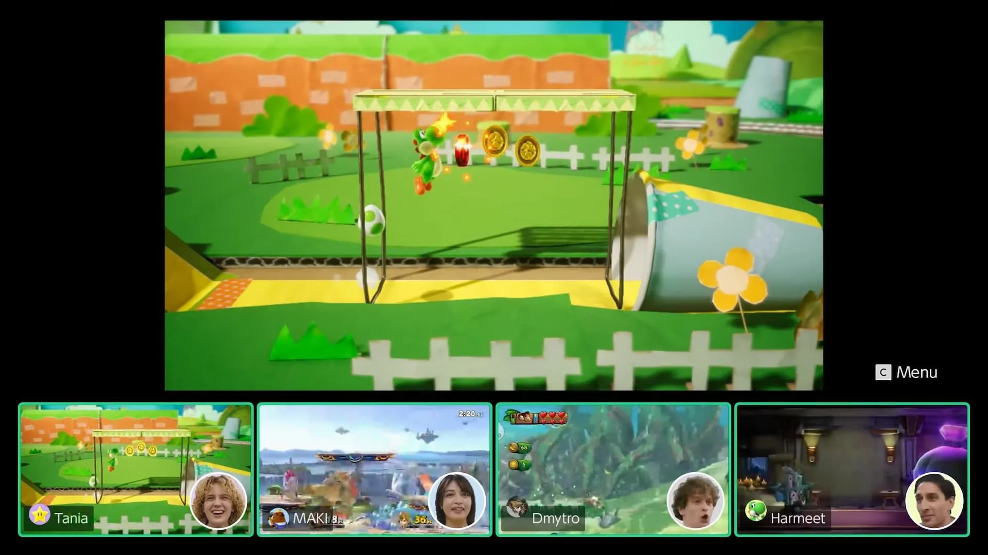 Giao diện tính năng GameChat trên Nintendo Switch 2 hiển thị cuộc gọi video với nhân vật Yoshi