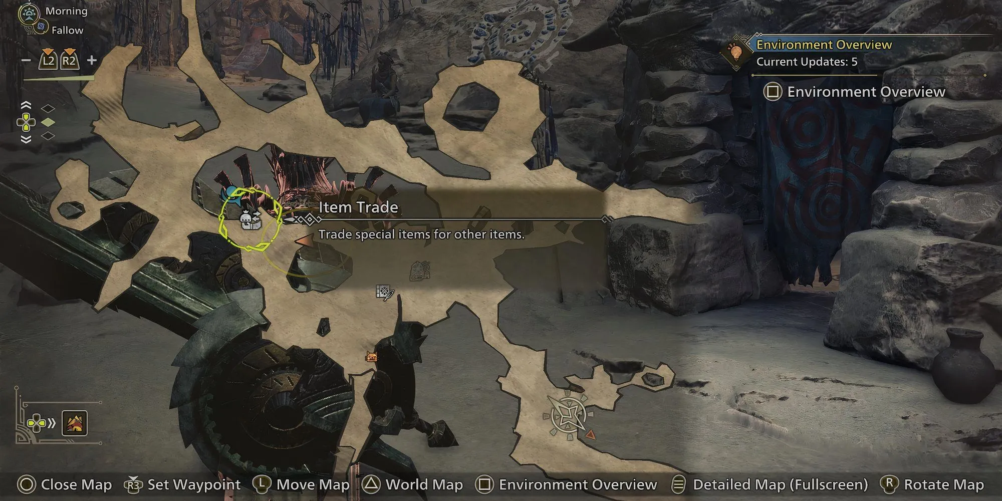 Giao diện trao đổi vật phẩm với Item Trade Merchant trong Monster Hunter Wilds