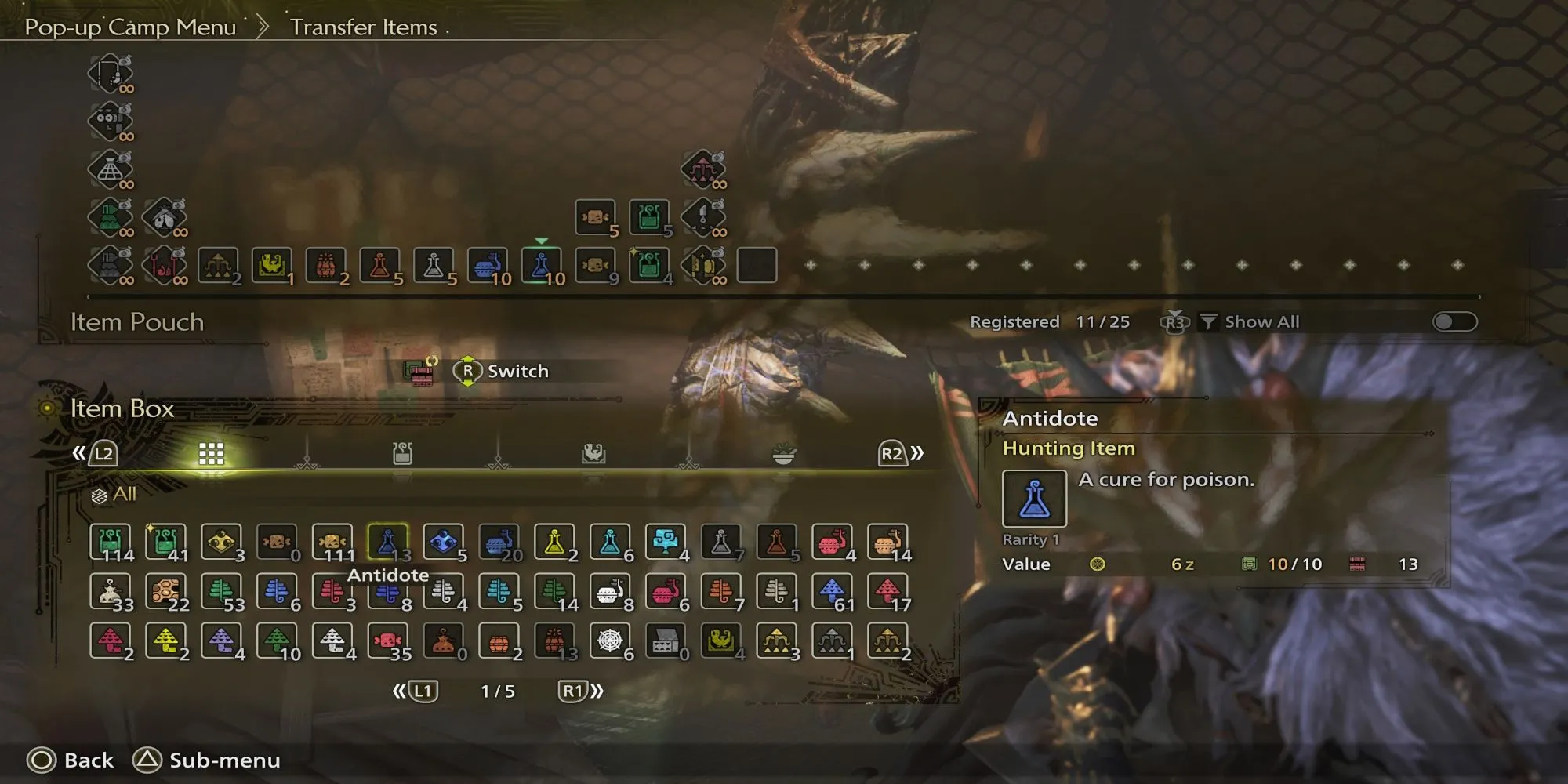 Giao diện túi đồ trong Monster Hunter Wilds hiển thị các vật phẩm thiết yếu cho chuyến đi săn.