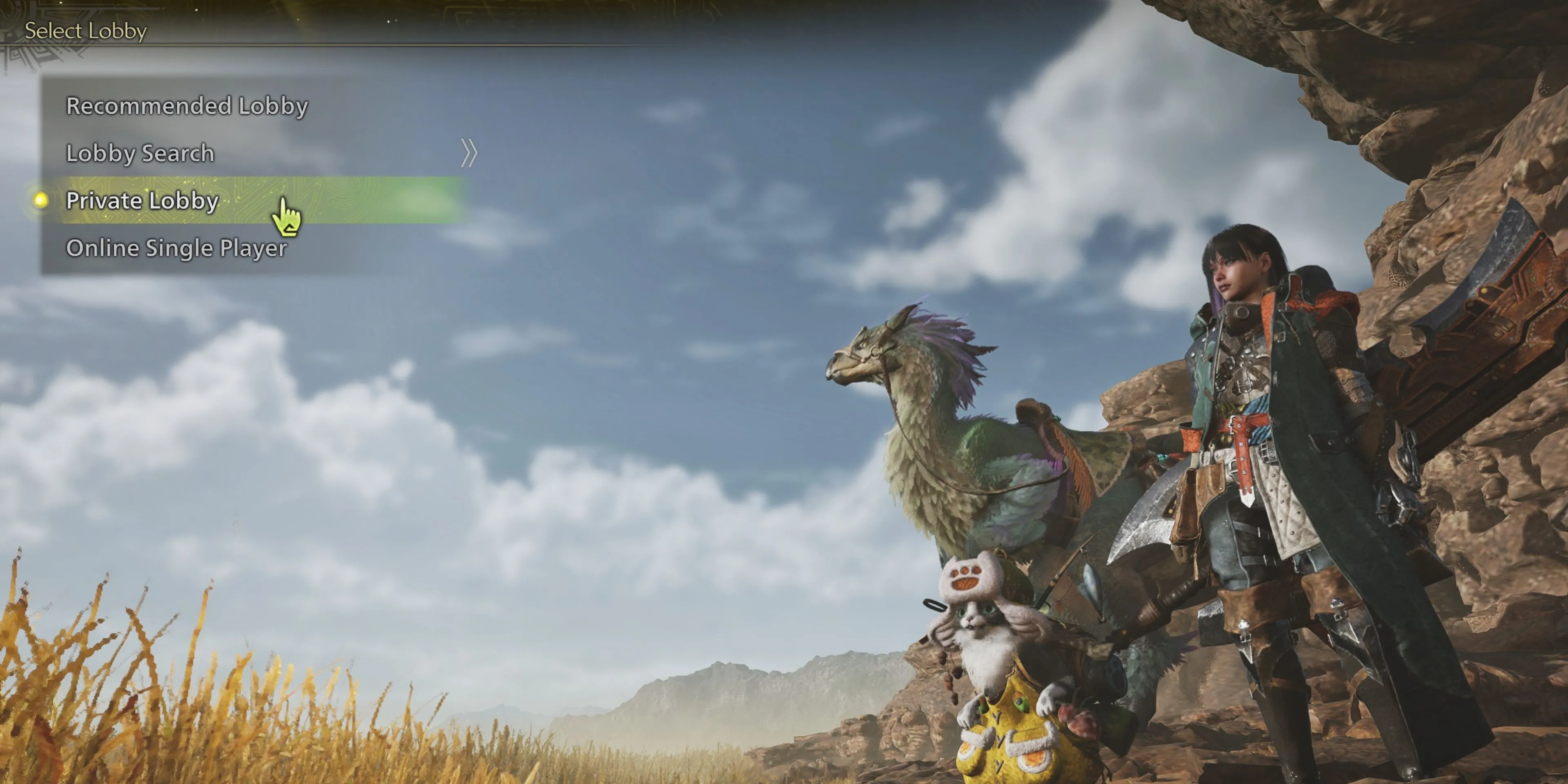 Giao diện tùy chọn tạo sảnh chờ riêng tư trong Monster Hunter Wilds để chơi cùng bạn bè