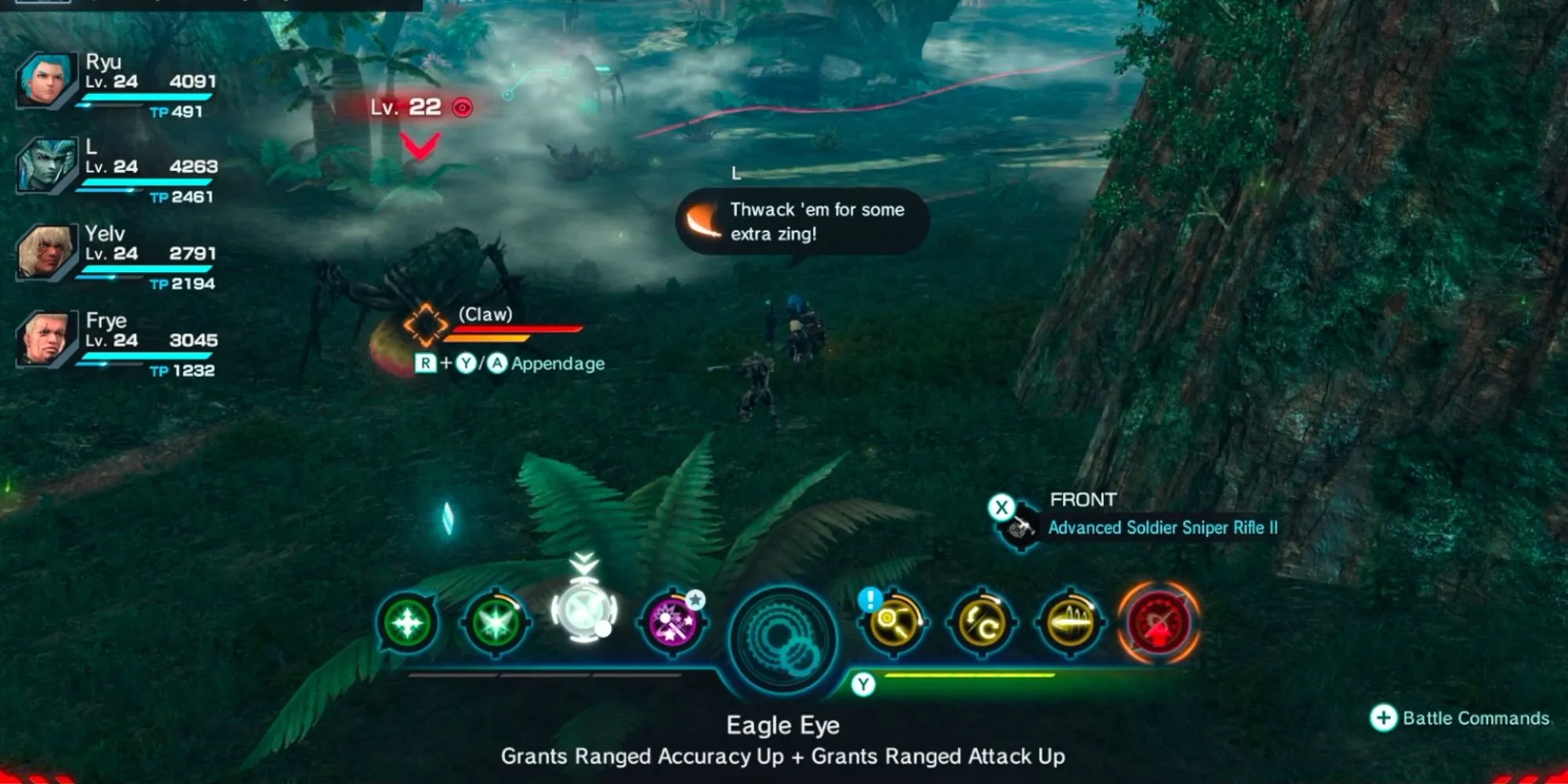 Giao tranh nảy lửa với quái vật bản địa trên Mira trong Xenoblade Chronicles X, sử dụng hệ thống Art đa dạng