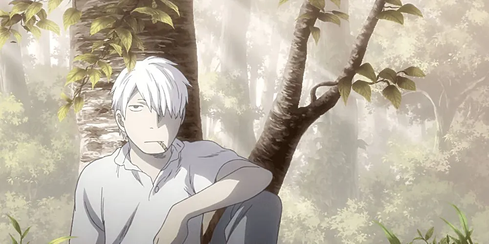 Ginko, nhân vật chính trong anime Mushishi, giữa khung cảnh thiên nhiên