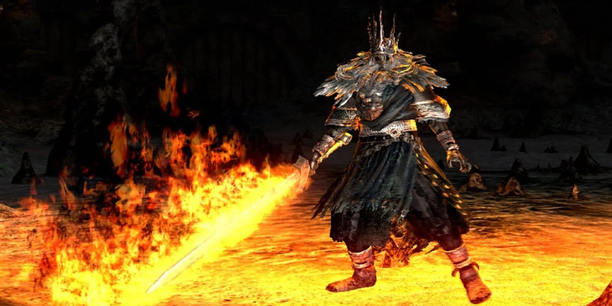 Gwyn, Lord of Cinder trong Dark Souls với thanh đại kiếm rực lửa, một biểu tượng bi tráng của dòng game