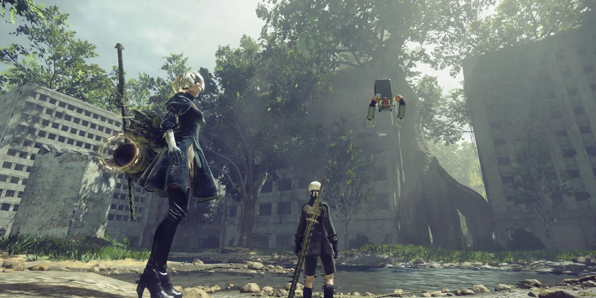 Hai android 2B và 9S trong NieR:Automata đứng giữa khung cảnh hoang tàn
