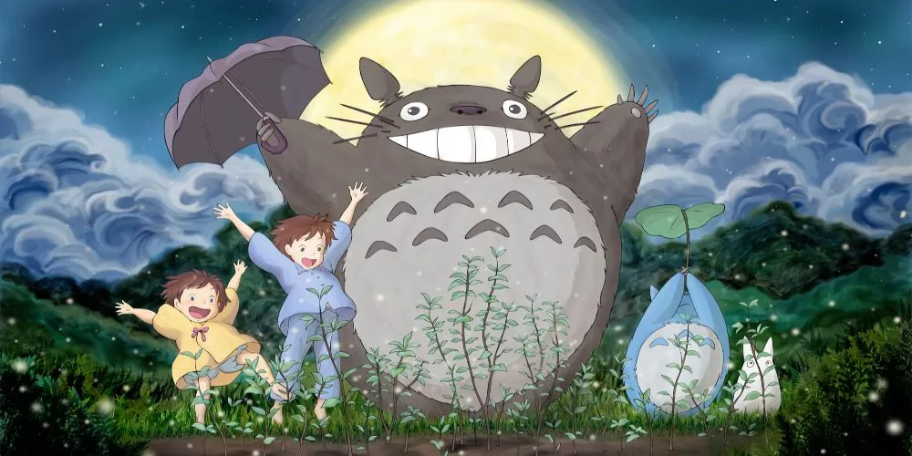 Hai chị em Satsuki, Mei và Totoro trong một cảnh phim My Neighbor Totoro đầy ấm áp của Studio Ghibli.