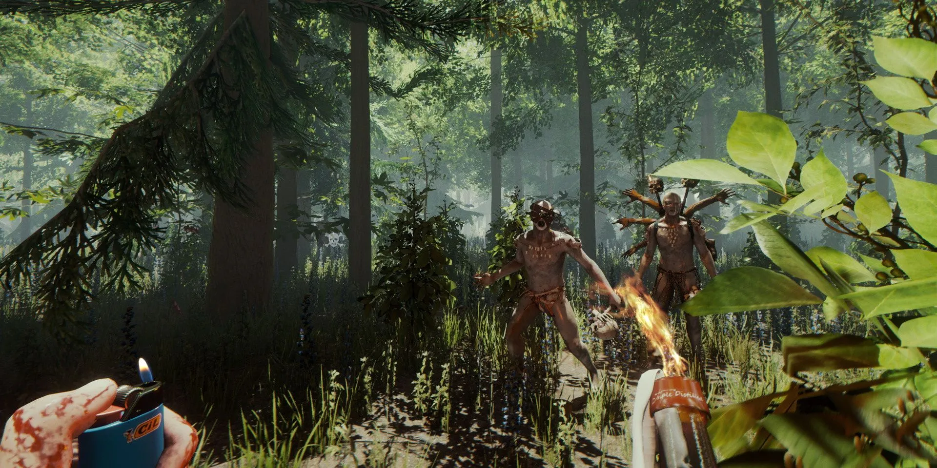 Hai kẻ ăn thịt người đáng sợ trong game The Forest đang nhìn chằm chằm vào người chơi