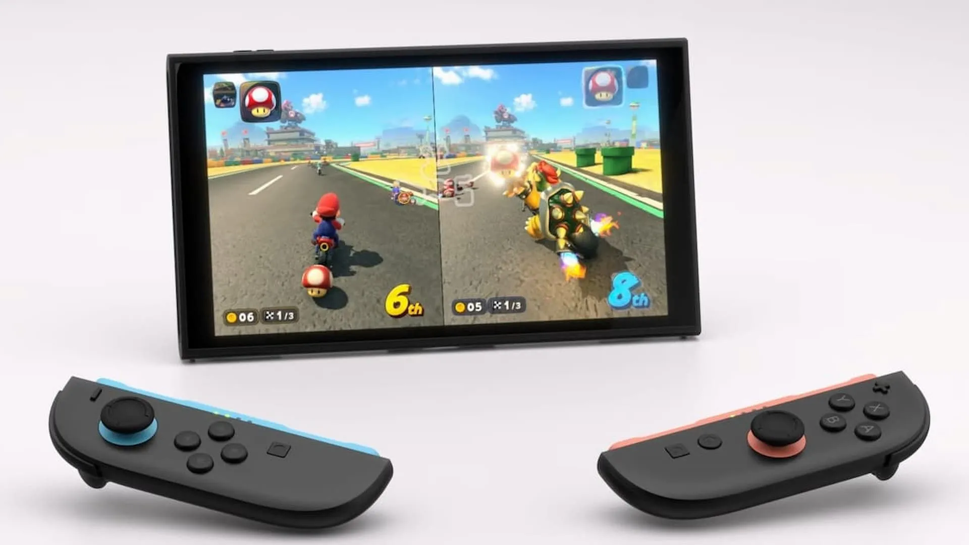 Hai người chơi đang cùng nhau trải nghiệm Mario Kart trên Nintendo Switch 2 với Joy-Con kép