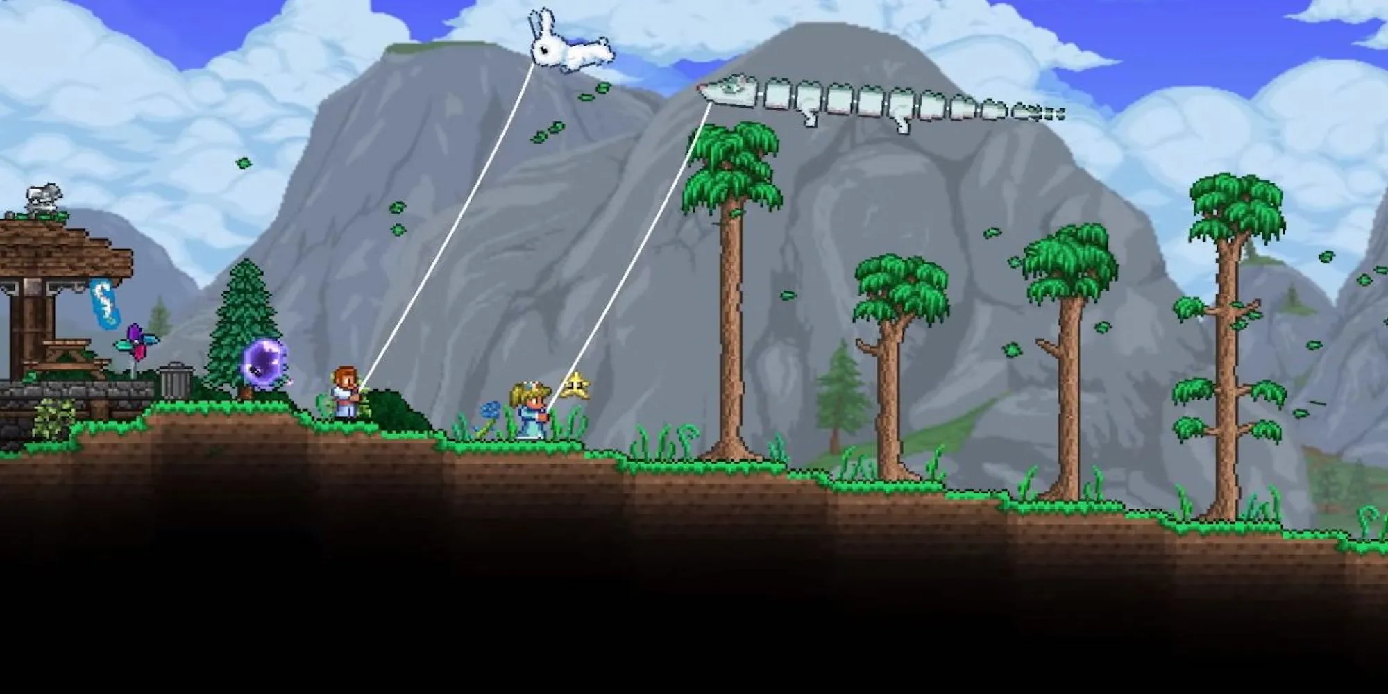 Hai người chơi đang thả diều trong Terraria.