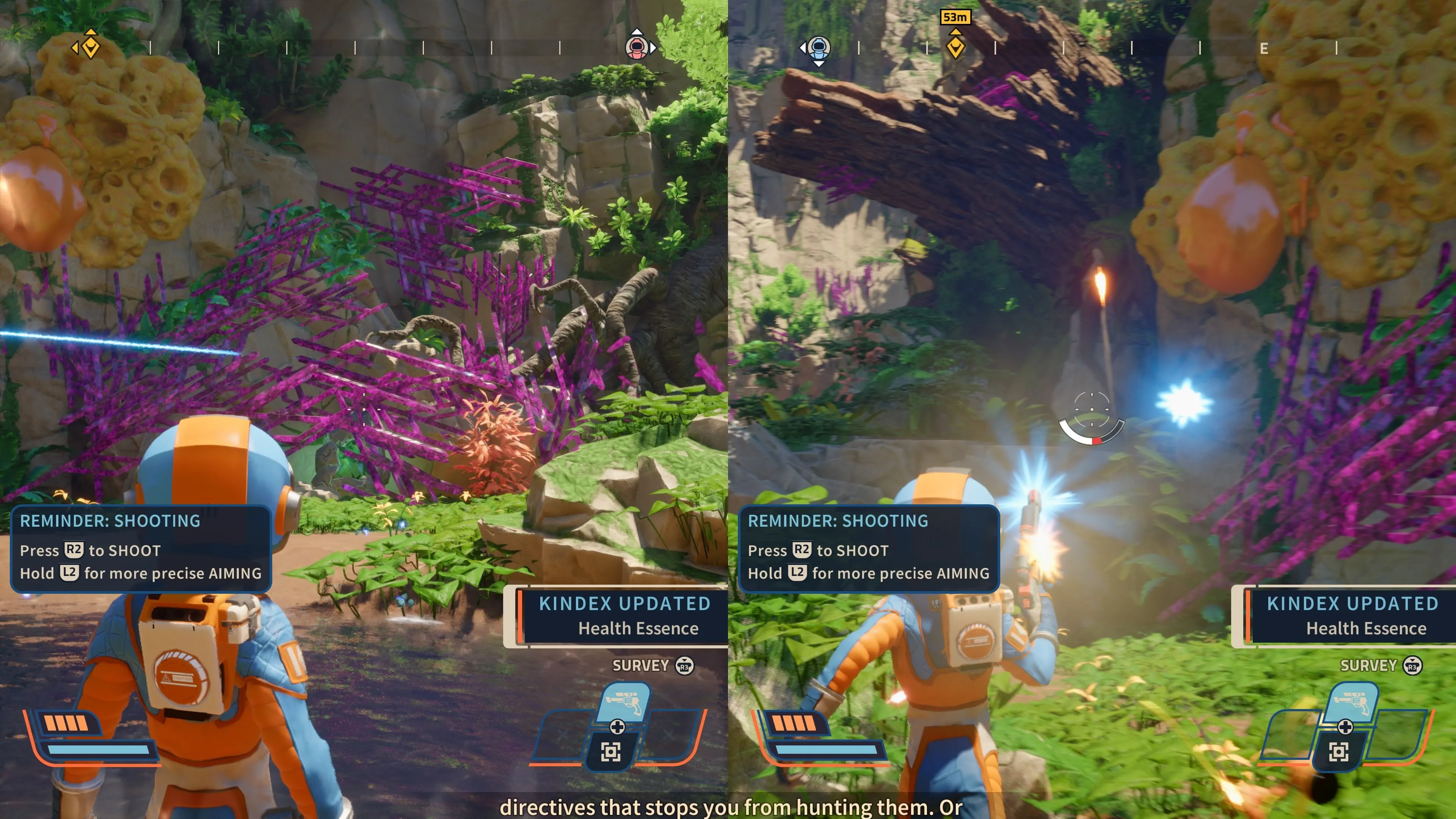 Hai người chơi tương tác trong môi trường game Revenge of the Savage Planet ở chế độ co-op.