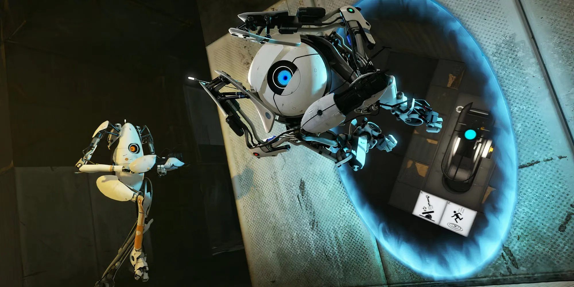 Hai robot Atlas và P-Body trong Portal 2 nhảy qua cổng không gian, minh họa cho chế độ chơi co-op độc đáo