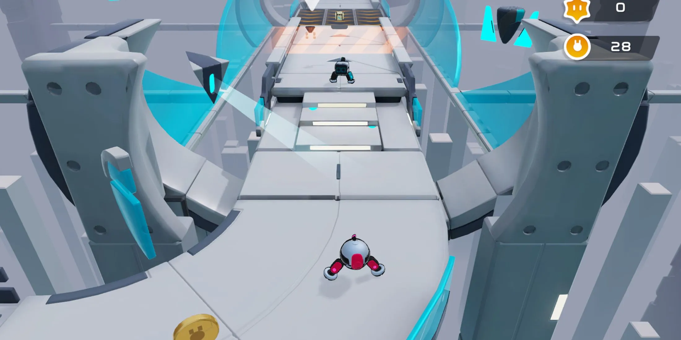 Hai robot nhỏ đang phối hợp vượt chướng ngại vật trong game Biped
