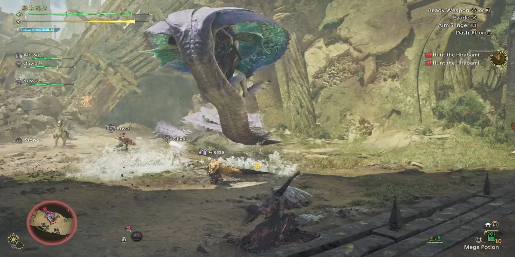Hai thợ săn trong Monster Hunter Wilds đang phối hợp chiến đấu, một người có thể vô tình hất tung đồng đội bằng đòn tấn công mạnh.
