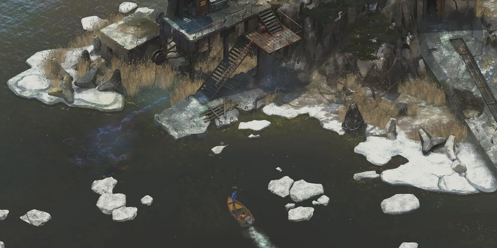 Harry Du Bois và Kim Kitsuragi di chuyển bằng thuyền trong thế giới Revachol của Disco Elysium