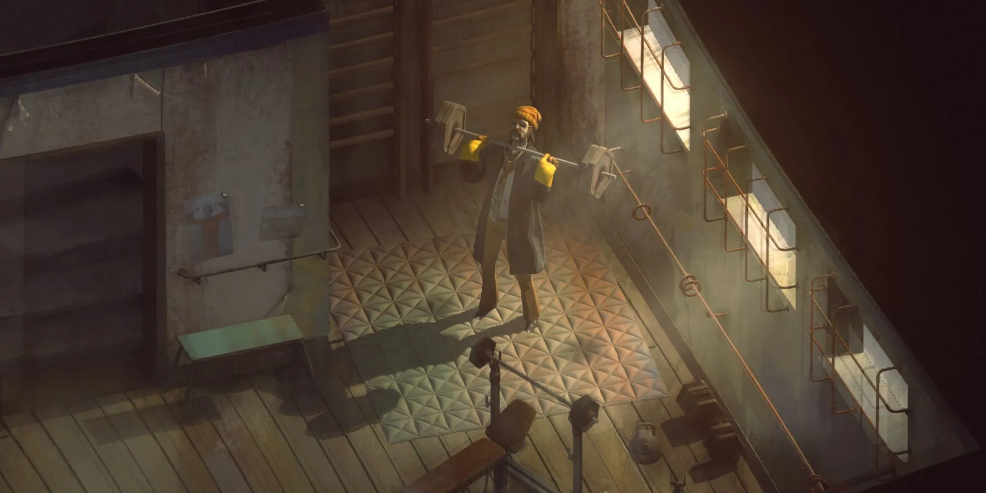 Harry DuBois đứng trước cửa hàng trong Disco Elysium, minh họa cho việc tự đặt ra thử thách
