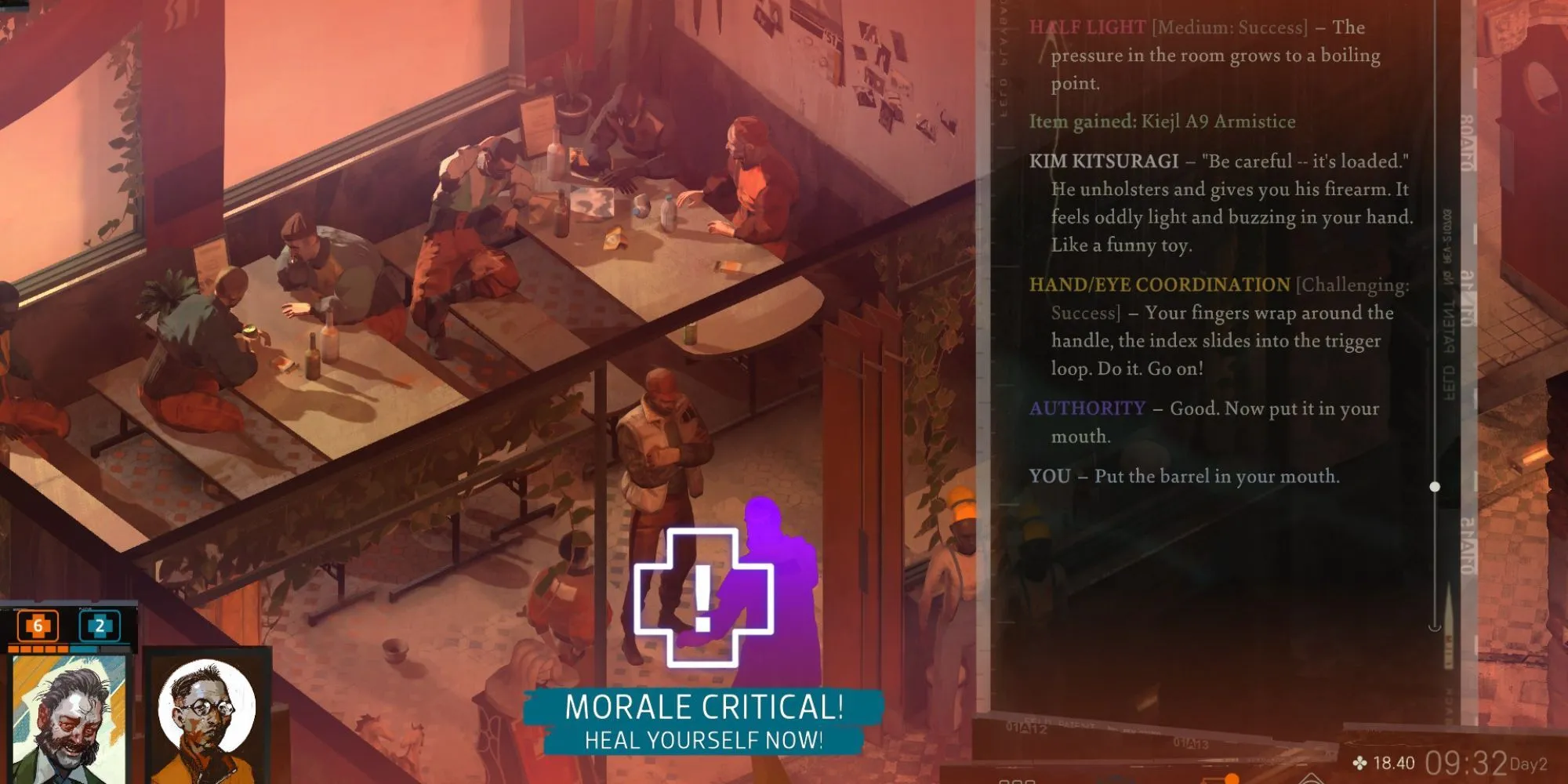 Harry DuBois trong Disco Elysium dọa tự sát trước mặt nhóm Hardie Boys