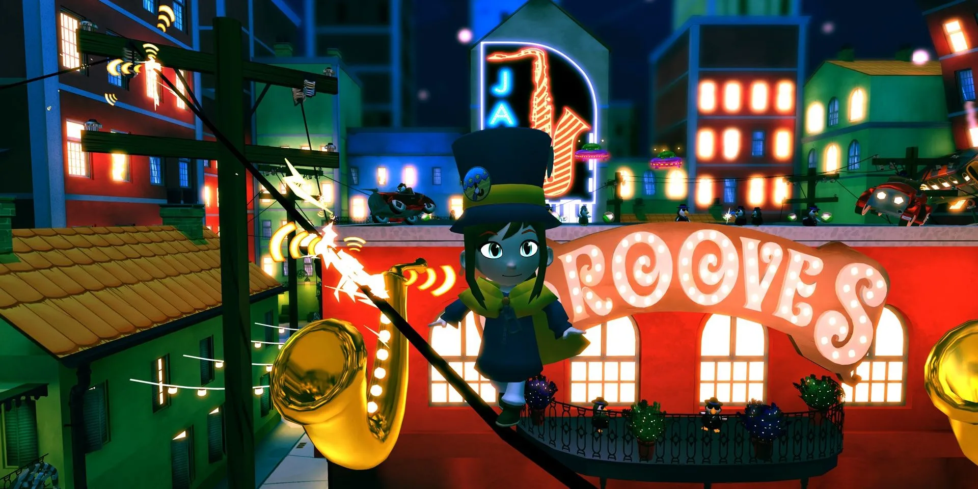 Hat Kid đang đi trên đường dây điện trong A Hat in Time