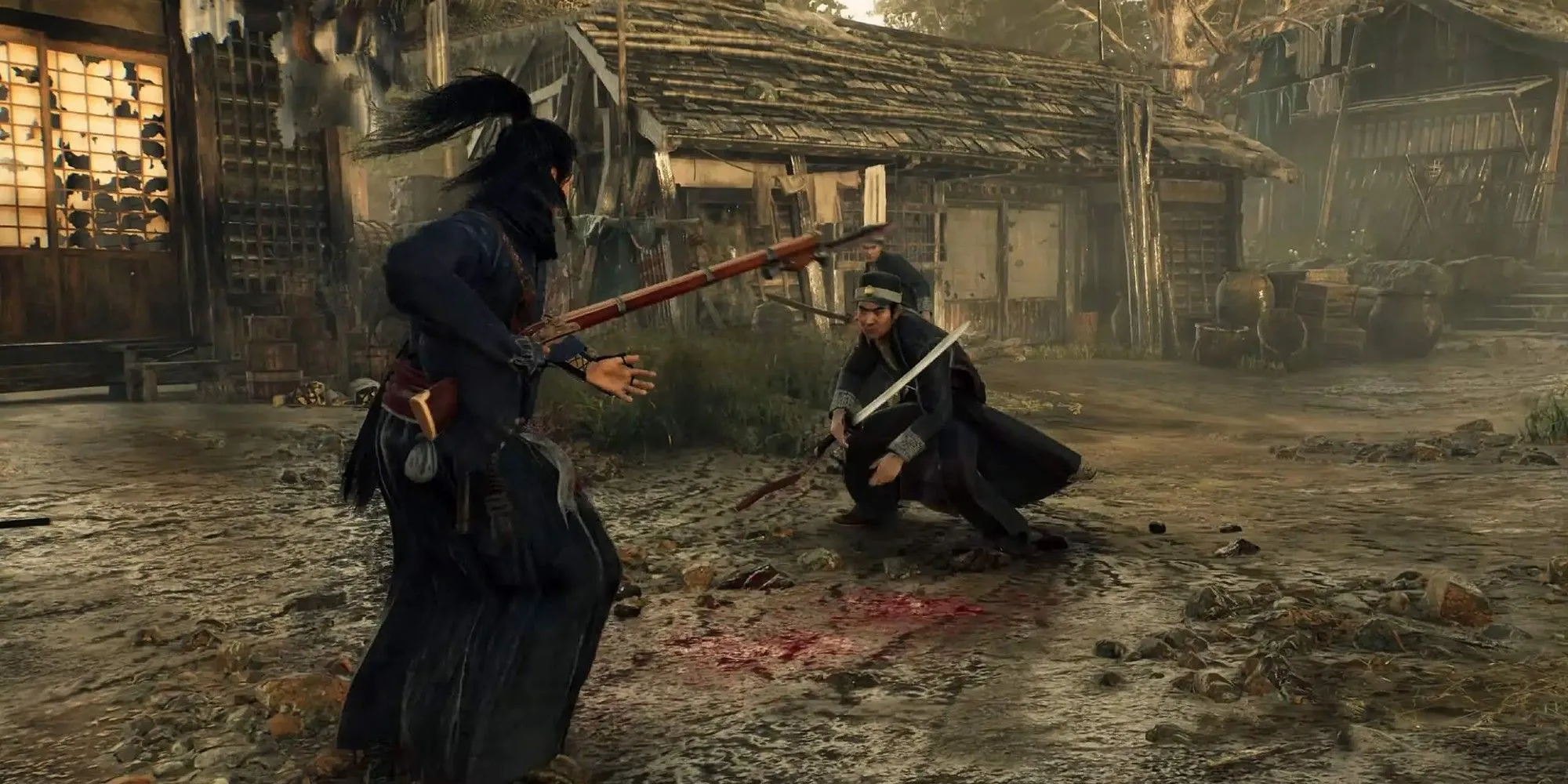 Hệ thống chiến đấu của Rise of the Ronin với nhân vật samurai sử dụng súng trường trong trận chiến cận chiến