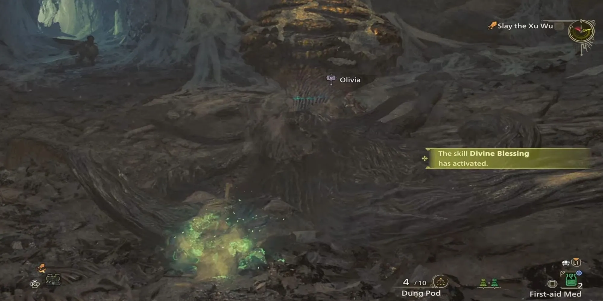 Hiệu ứng kỹ năng Thiên Hộ (Divine Blessing) kích hoạt, bảo vệ thợ săn trong Monster Hunter Wilds