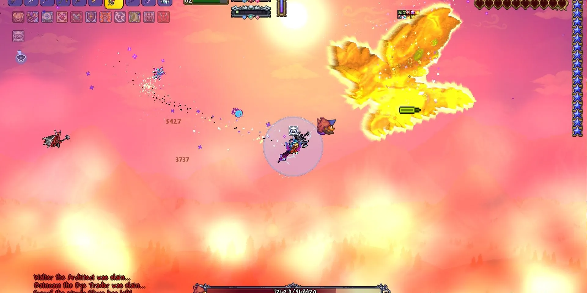 Hình ảnh boss Yharon trong bản mod Calamity của Terraria với nhiều đạn bay