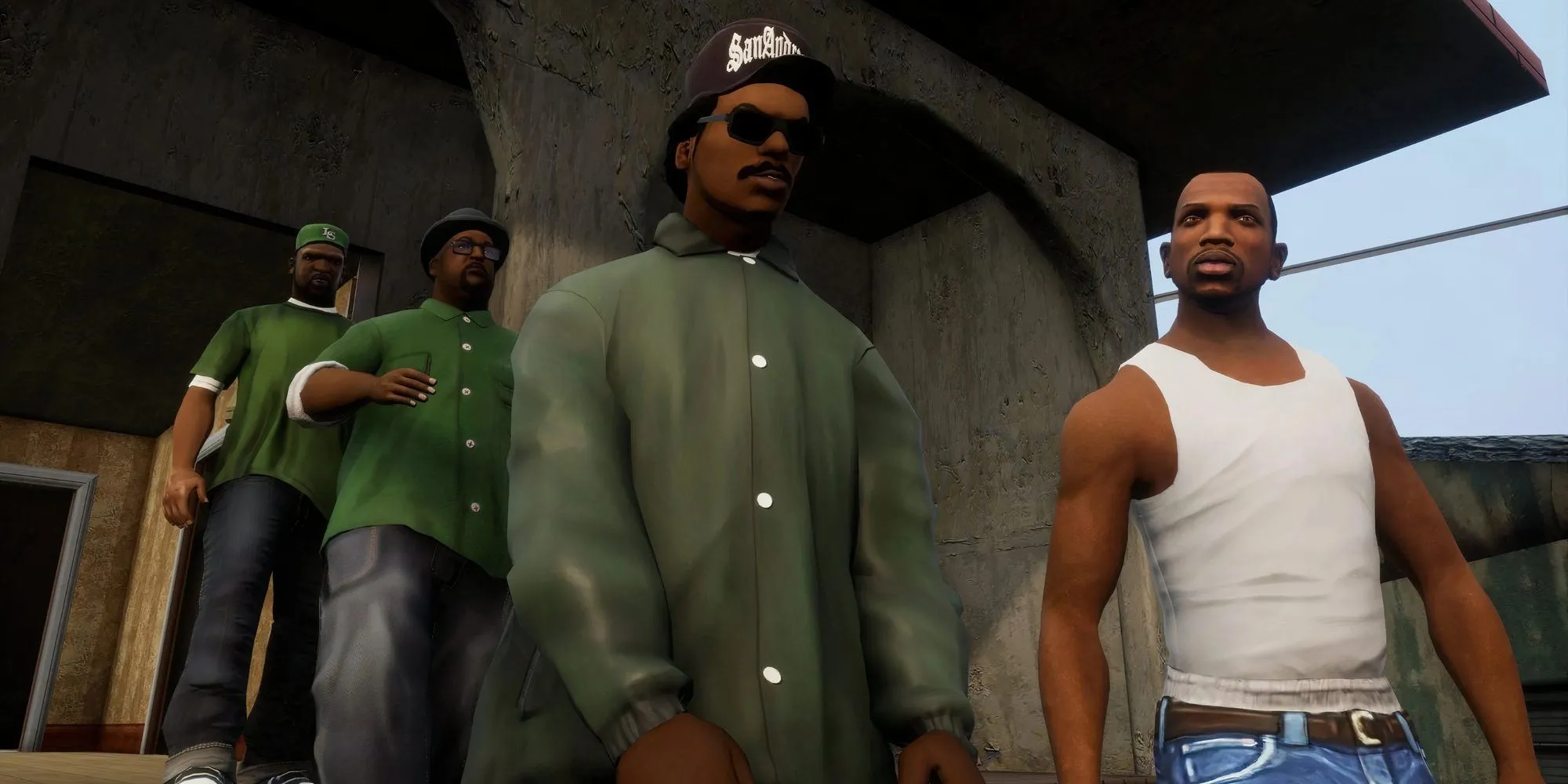 Hình ảnh các nhân vật chính trong Grand Theft Auto: San Andreas rời khỏi một công trình đá.